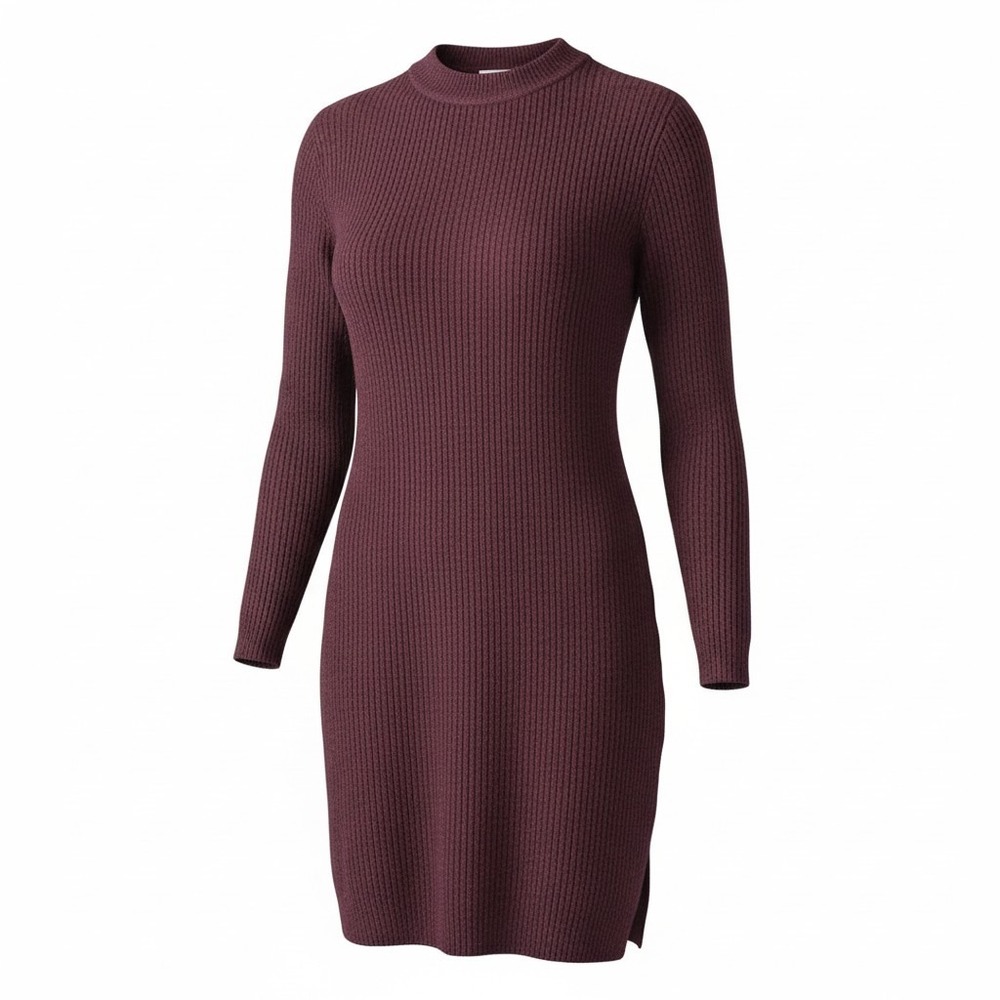 Halogen Ribbed Knit Sweater Dress Burgundy Mock Neck Side Zip Womens Medium